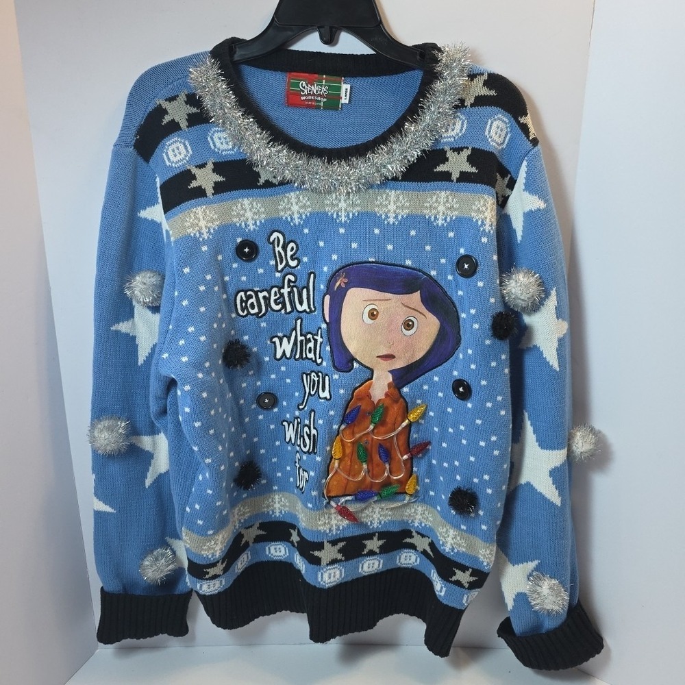 Light-Up Be Careful What You Wish for‎ Christmas Sweater Large Coraline